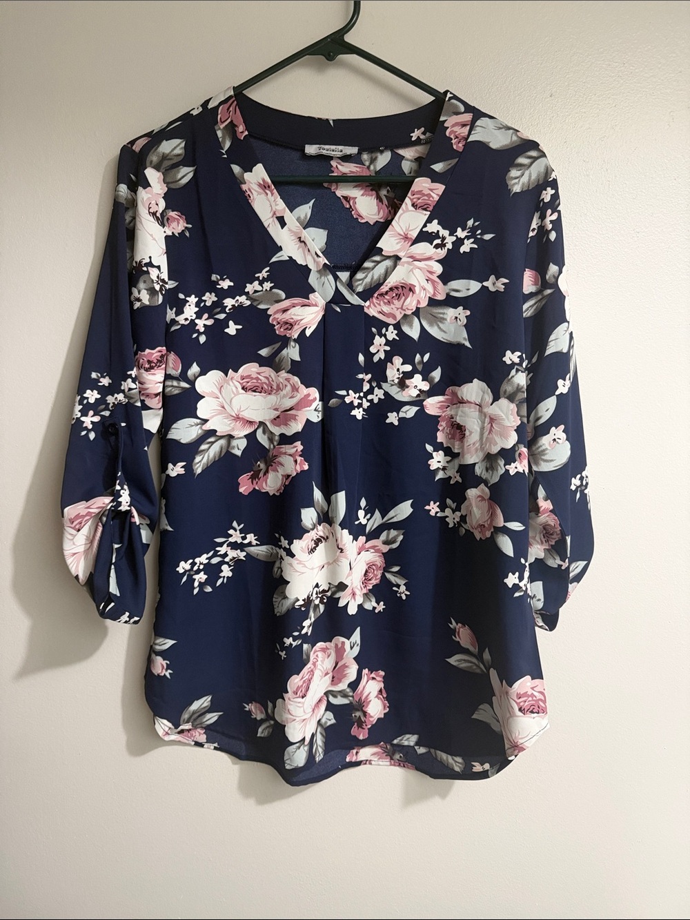 Navy Floral V-Neck Blouse with Pink Rose Print and Tie Sleeves